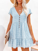 V-Neck Short Sleeve Polka Dot Flared Mini Dress