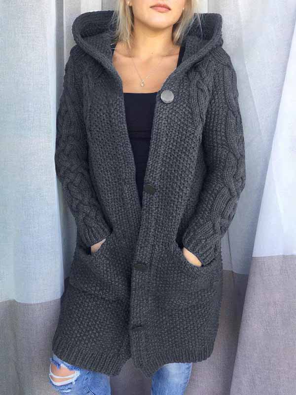 Button Down Long Sleeve Knitted Hooded Sweater