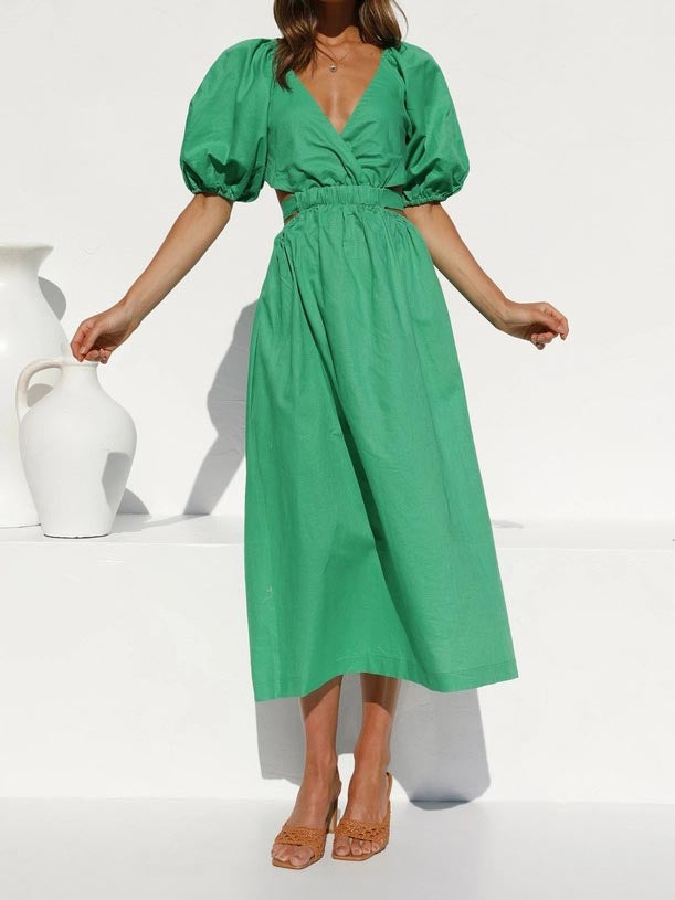 Puff Short Sleeve V Neck High Waist Maxi Dress