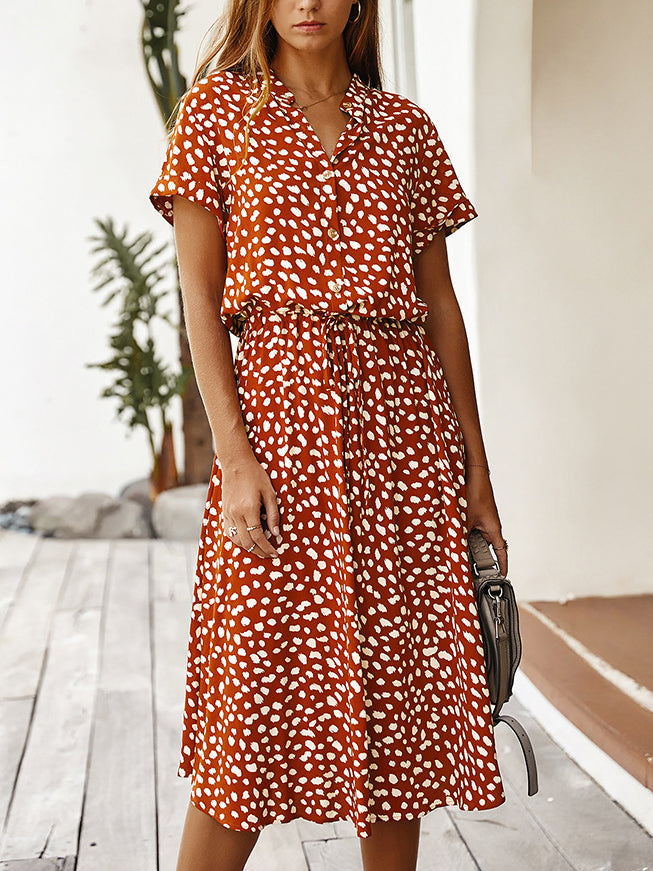 Casual Polka Dot V-Neck Short Sleeve Midi Dress