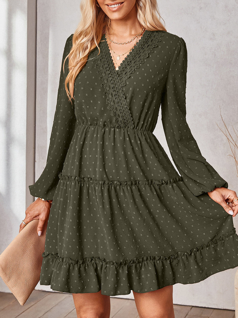 Elegant Long Sleeve Swiss Dot V-Neck Mini Dress