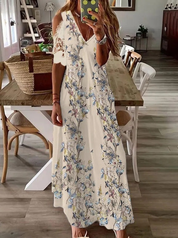 Cold Shoulder V Neck Short Sleeve Maxi Dress