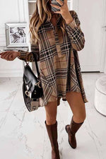 Florcoo Loose Plaid Long Sleeve Shirt Mini Dress