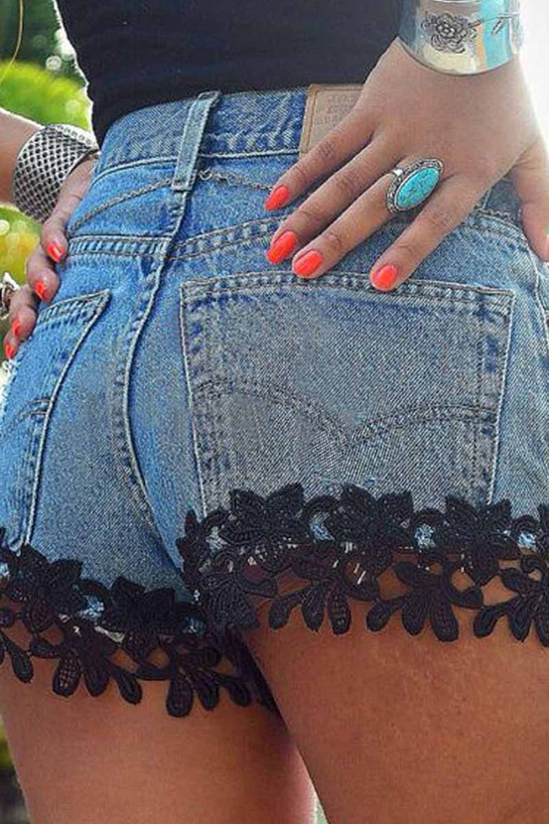 Florcoo Sexy Lace Stitching Ripped Denim Shorts