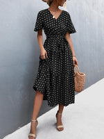 Polka Dot V Neck Short Sleeve Elastic Waist Maxi Dress