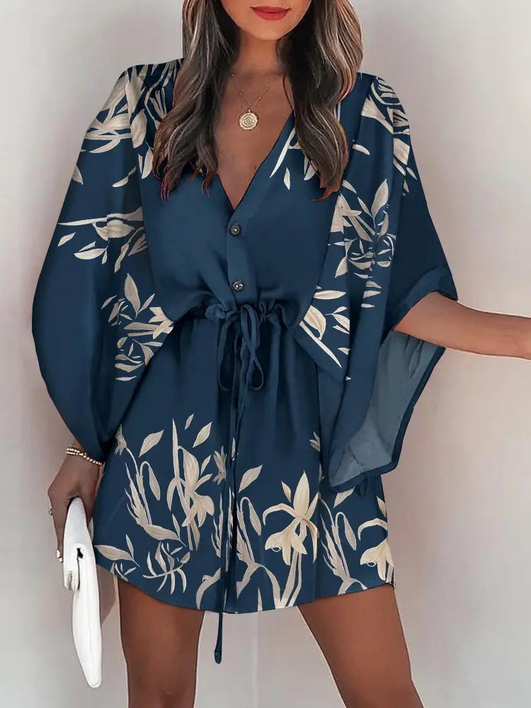 Casual Tie Front V Neck Short Sleeve Mini Dress