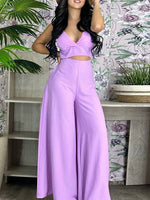 Two Piece Sleeveless V-Neck Crop Top and Wide Leg Solid Pants Set