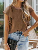 Casual Crew Neck Ruffle Sleeve Solid Color Top