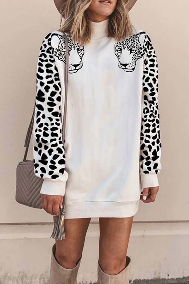 Florcoo Turtleneck Leopard Print Mini Dress