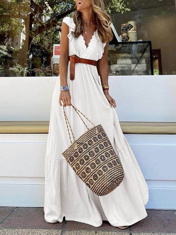 Belted Deep V Neck Sleeveless High Waist Maxi Dress