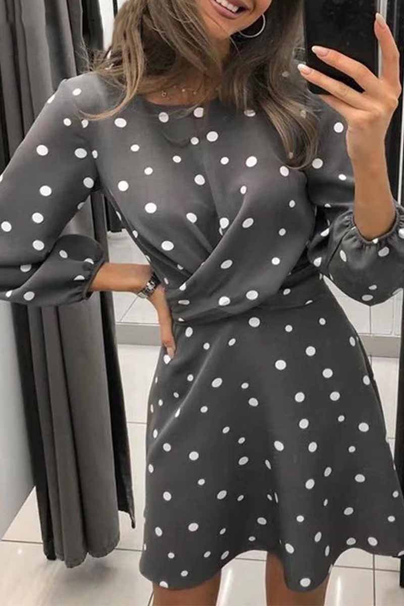 Florcoo Loose Round Neck Long Sleeve Polka Dot Mini Dress(4 Colors)