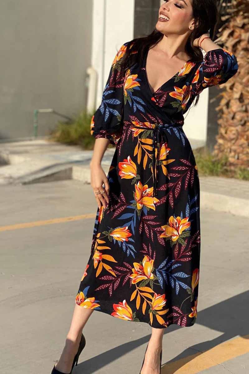 Florcoo Stitching Flower Picture Double V-neck Midi Dress