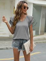 Loose Cap Sleeve V Neck Solid Color Top