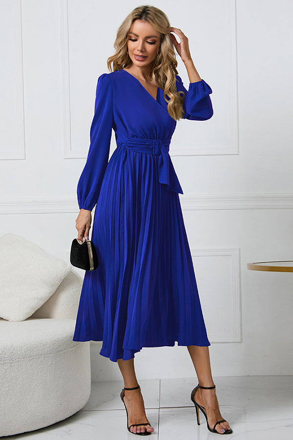 Cristina Flowy Belt Wrap Pleated Midi Dress