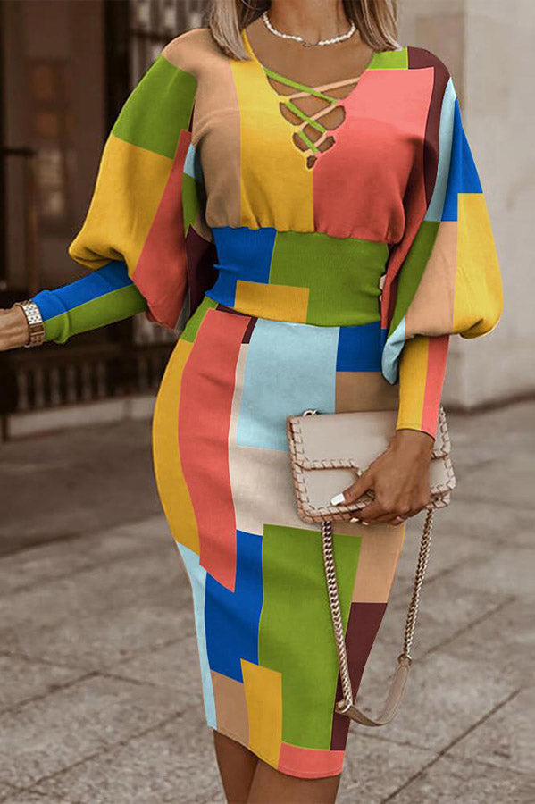 Malani Color Block Lantern Sleeve Midi Dress