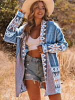 Blue Aztec Print Open Front Knitted Cardigan Sweater