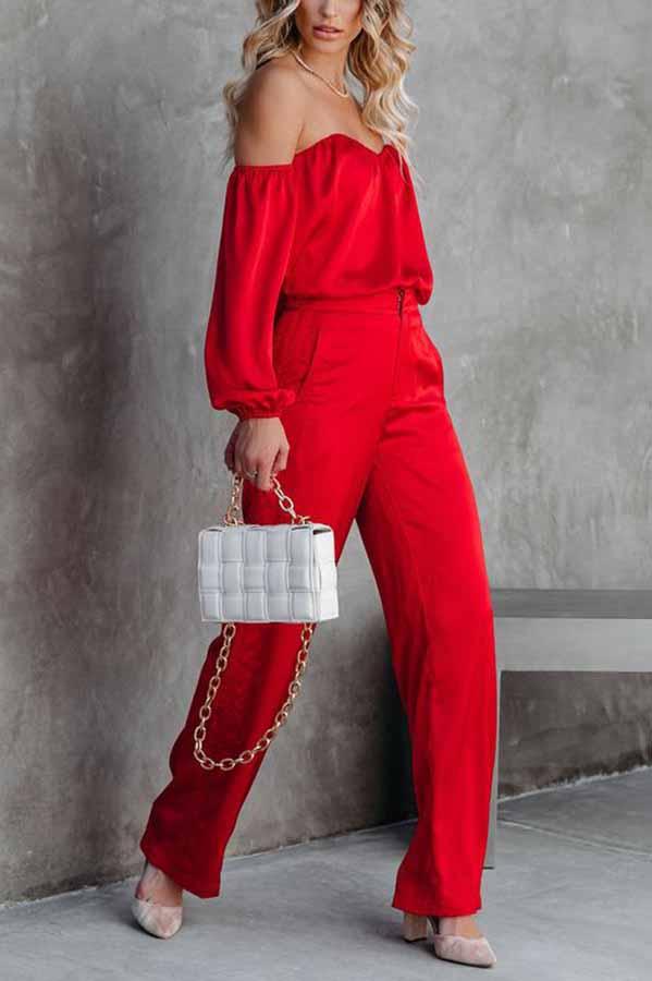 Adele Satin Off Shoulder Blouse & Wide Leg Pants Suit