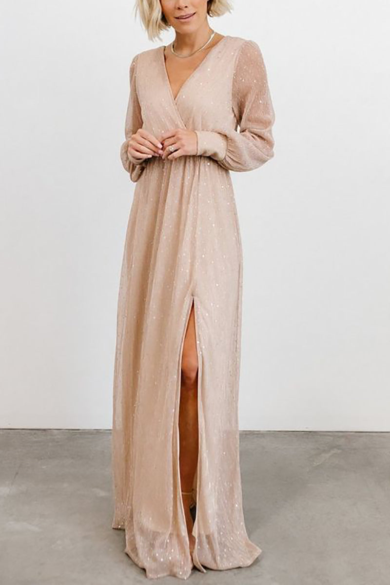 Sparkle Puff Long Sleeve Slit Maxi Dress