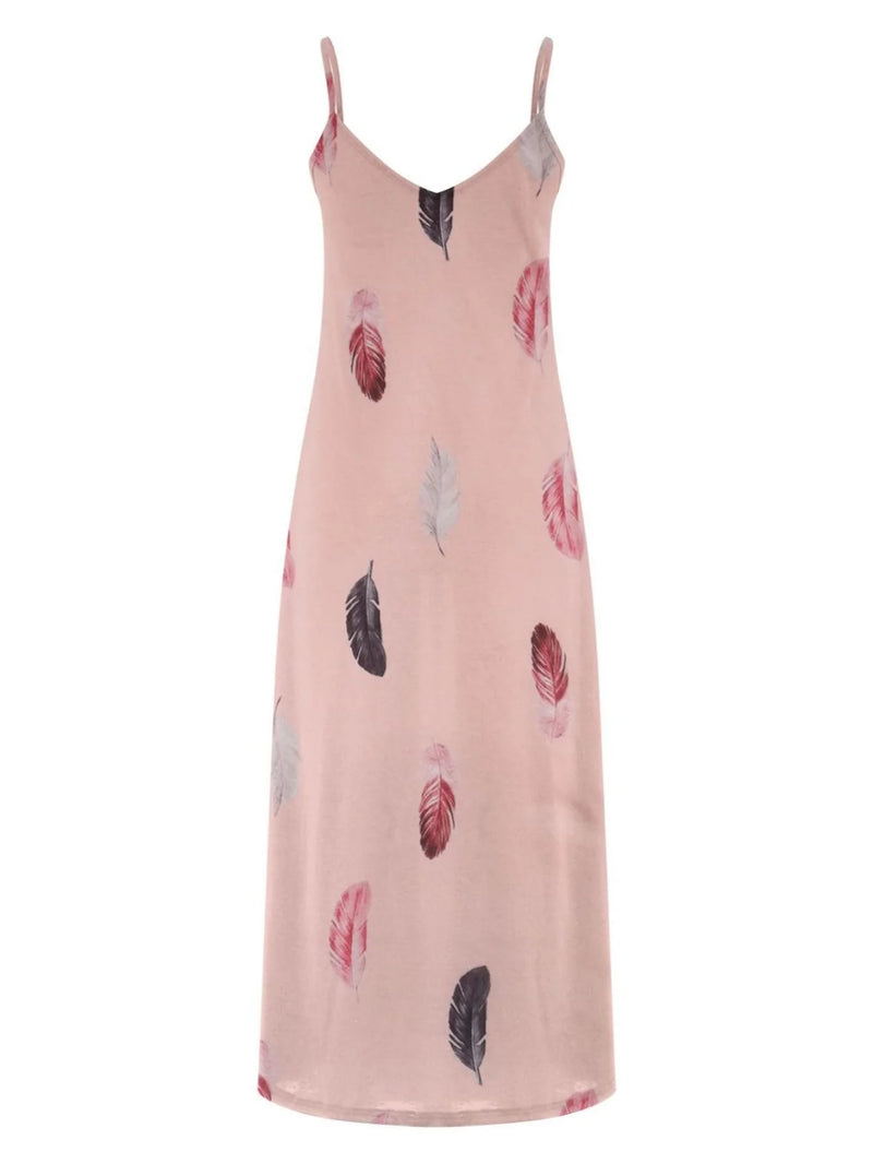 Sleeveless Slim Fit Feather Print Low Cut V-Neck Dresses