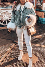 Detachable Fuzzy Faux Fur Collar Denim Coat