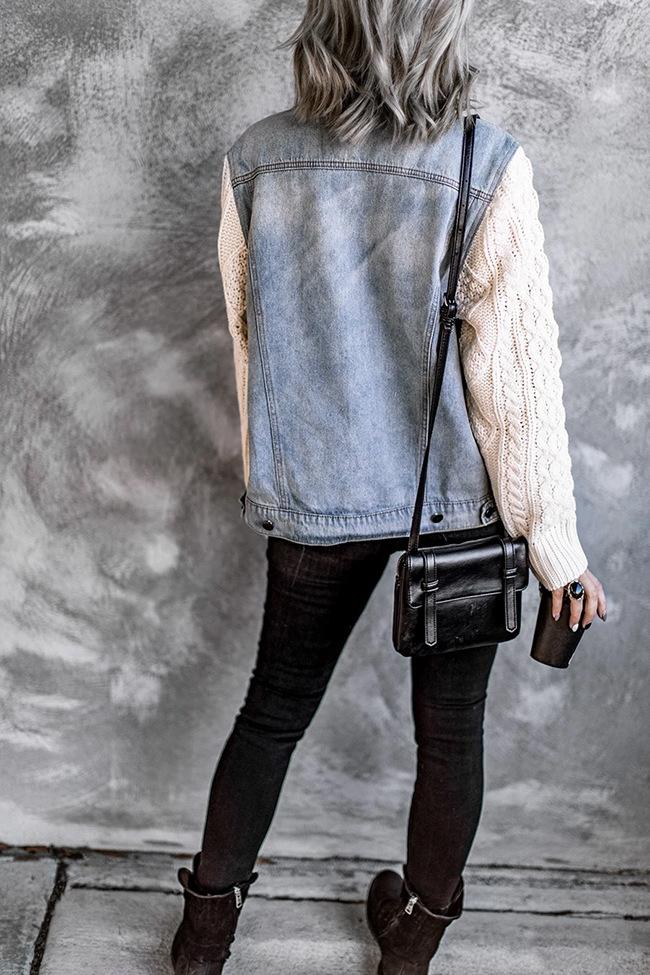 Knitted Panel Denim Jacket Tops