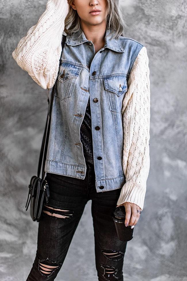 Knitted Panel Denim Jacket Tops