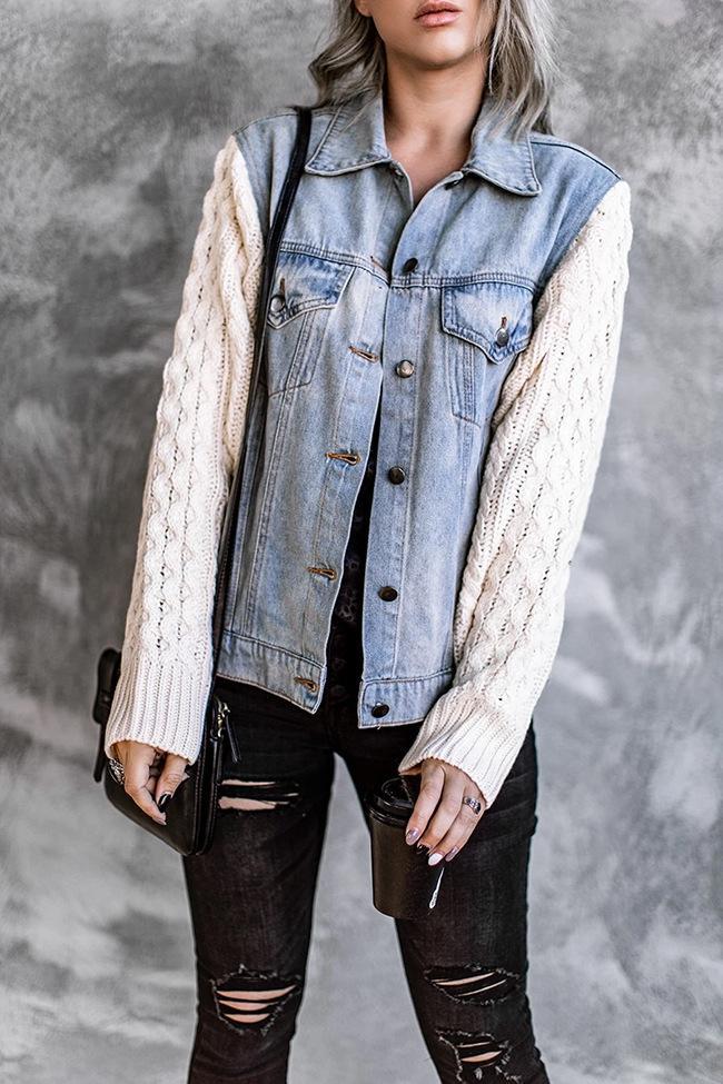 Knitted Panel Denim Jacket Tops