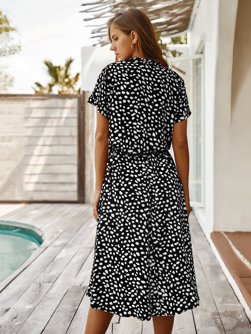 Casual Polka Dot V-Neck Short Sleeve Midi Dress