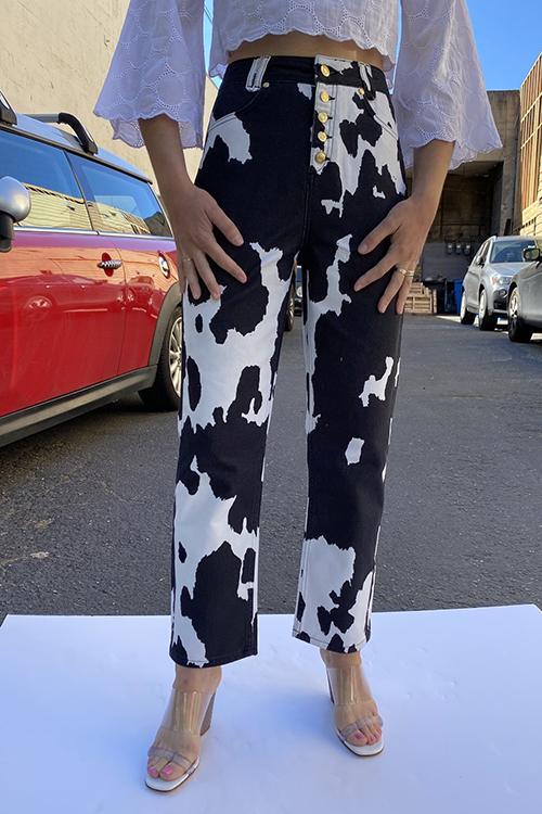 Cow Print Button Straight Leg Jeans