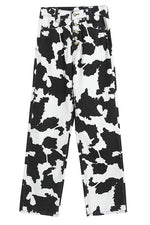 Cow Print Button Straight Leg Jeans