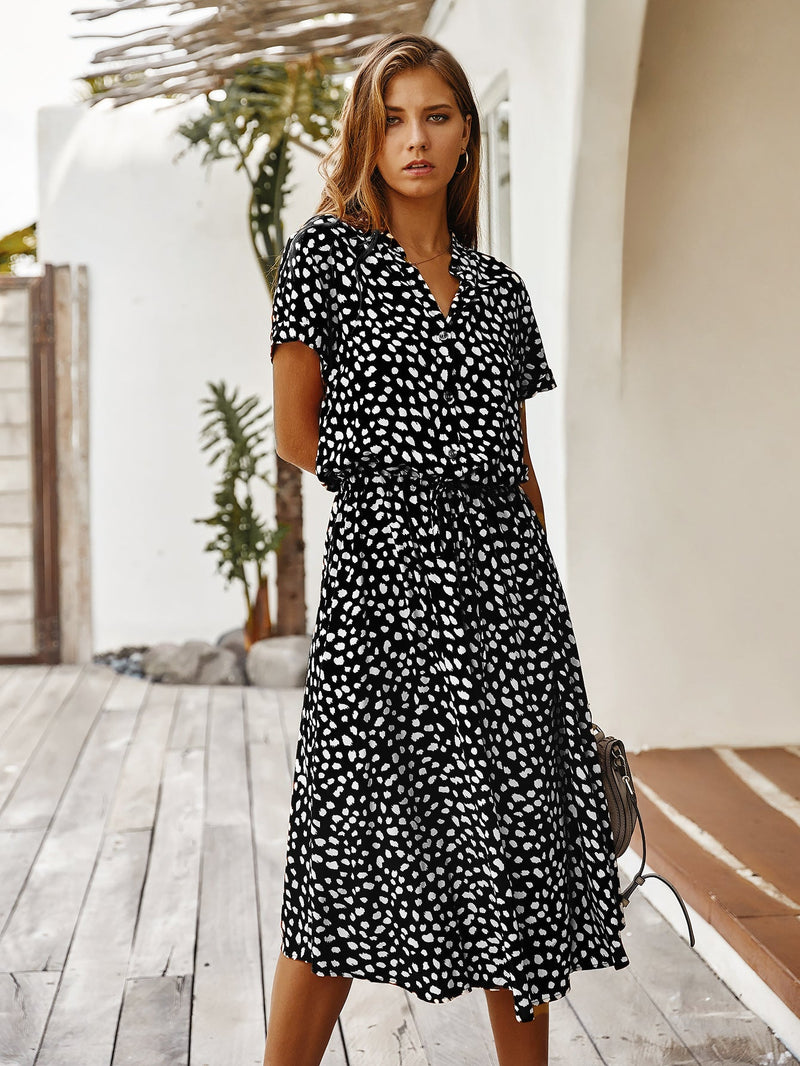 Casual Polka Dot V-Neck Short Sleeve Midi Dress