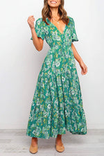 Buttons V Neck Tie Waist Ruffle Tiered Maxi Floral Dress