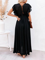 Ruffle Sleeve Deep V Neck Button Down Wide Maxi Dress