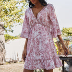 Casual V-Neck 3\4 Sleeve Printed Mini Dress