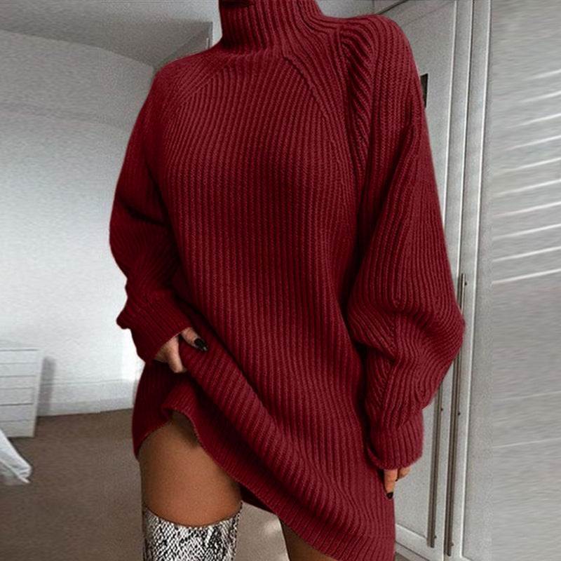 Turttleneck Long Sleeve Knitted Loose Sweater Mini Dress