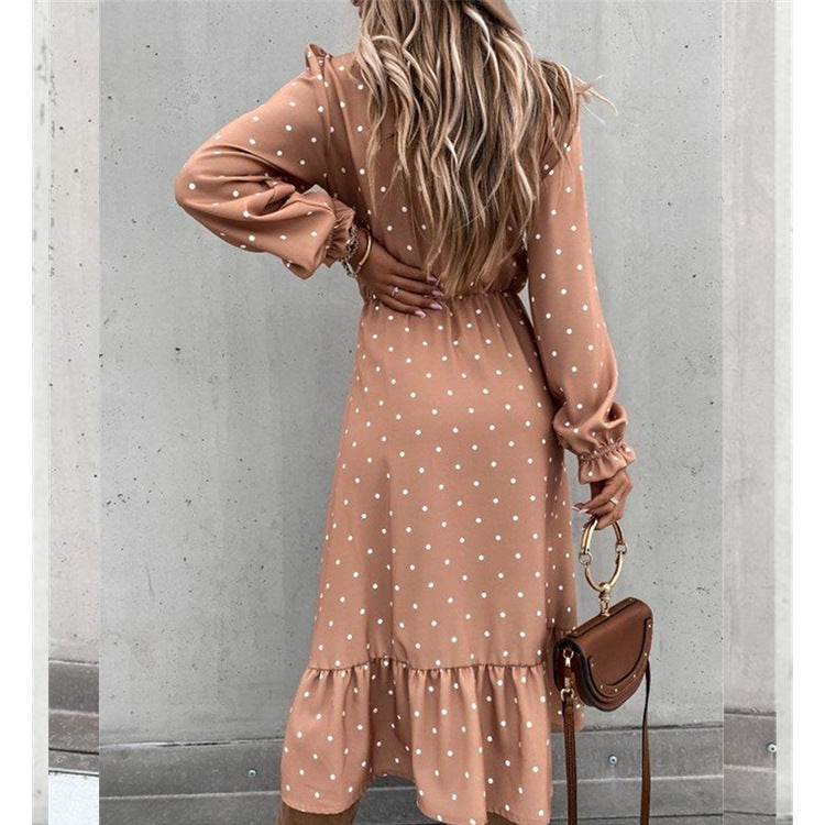 Fashion Button Polka Dot High Slit Ruffled Midi Dress