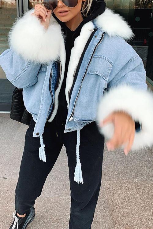 Detachable Fuzzy Faux Fur Collar Denim Coat