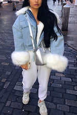 Detachable Fuzzy Faux Fur Collar Denim Coat