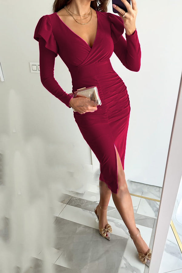 Bring on The Night Ruffle Sleeve Slit Midi Dress