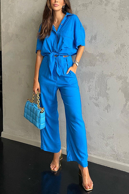 Button Kont Shirt Wide Leg Pants Set