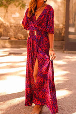 Wrap V Neck Flare Sleeve High Slit Maxi Printed Dress