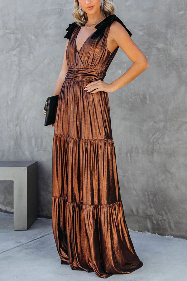 Charming Days Velvet Shoulder Tie Metallic Maxi Dress