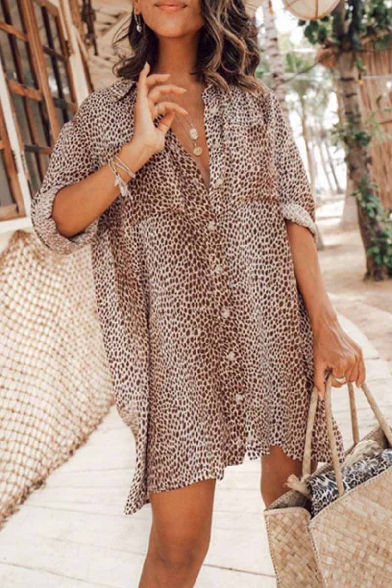 Florcoo Leopard Print Long Sleeve Shirt Mini Dress