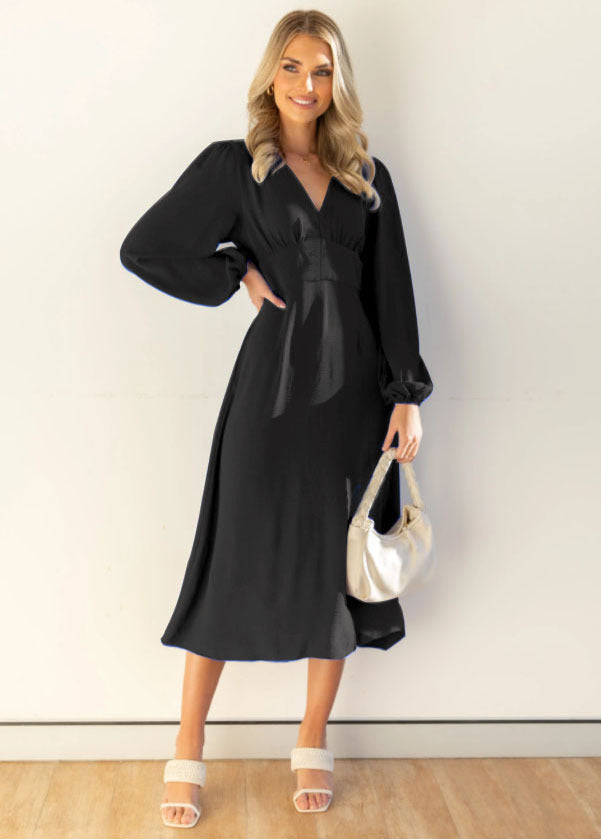 Elegant Long Sleeve V-Neck Solid Maxi Dress