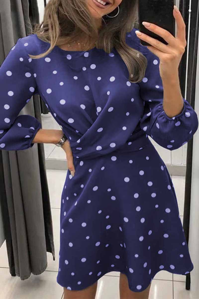 Florcoo Loose Round Neck Long Sleeve Polka Dot Mini Dress(4 Colors)