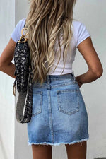 Button Irregular Denim Holes Mini Skirt