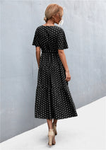 Polka Dot V Neck Short Sleeve Elastic Waist Maxi Dress