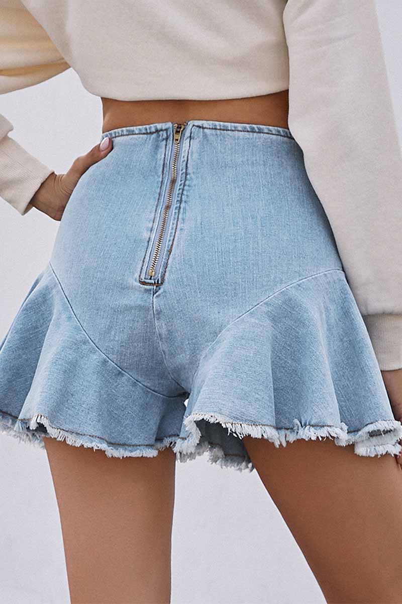 Florcoo High-Waisted Commuter Denim Ruffled Zipper Shorts