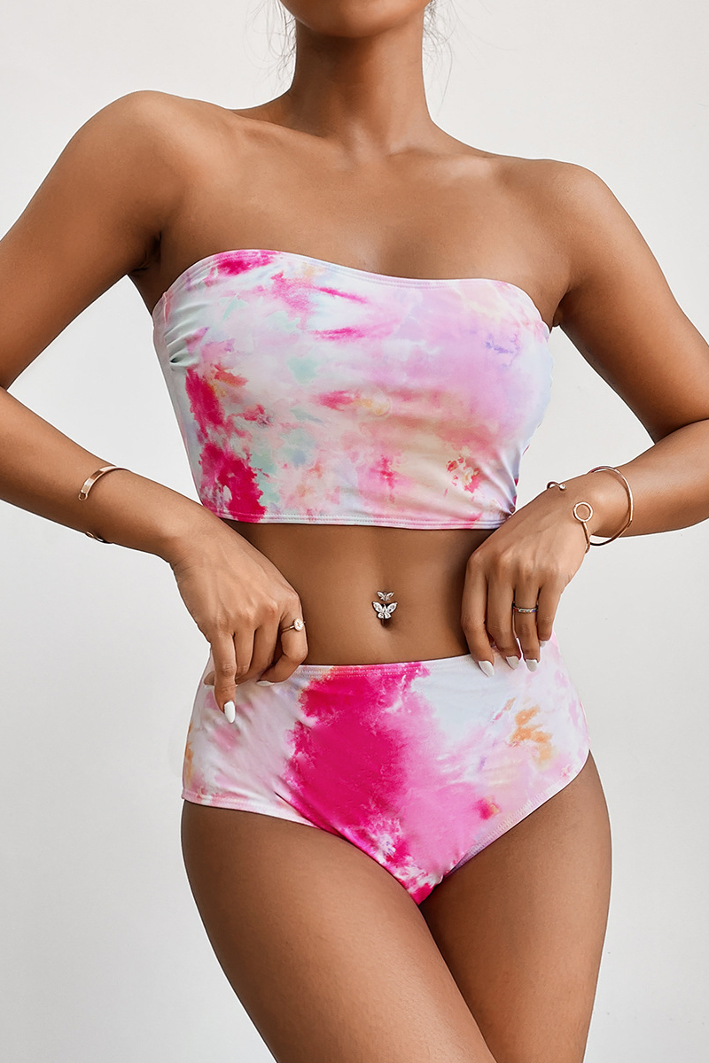 Tie Dye Bandeau High Waisted Bikini Sets