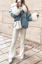 Detachable Fuzzy Faux Fur Collar Denim Coat